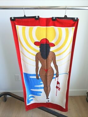 VTG 90s Linencorp Beach Towel Pop Art Bikini Sun Hat Lady Colombia Retro 26x50